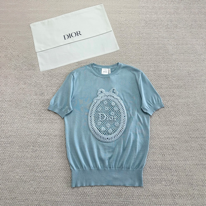 dior oval bow lace applique crew neck short sleeve knit top